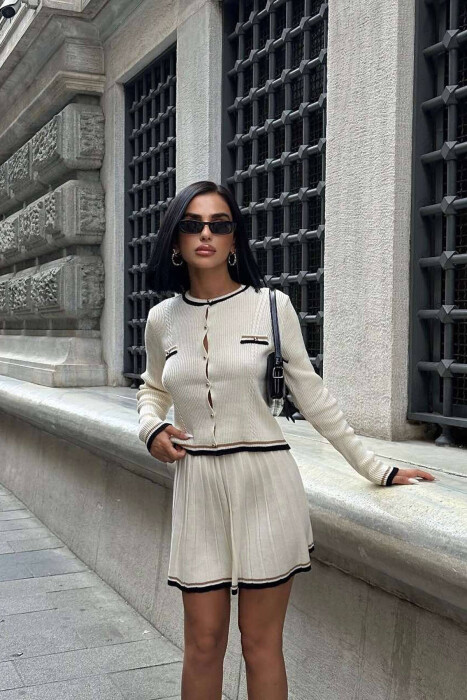 GOLD BUTTONS CARDIGAN+SKIRT WOMEN SET CREAM/KREM - 3