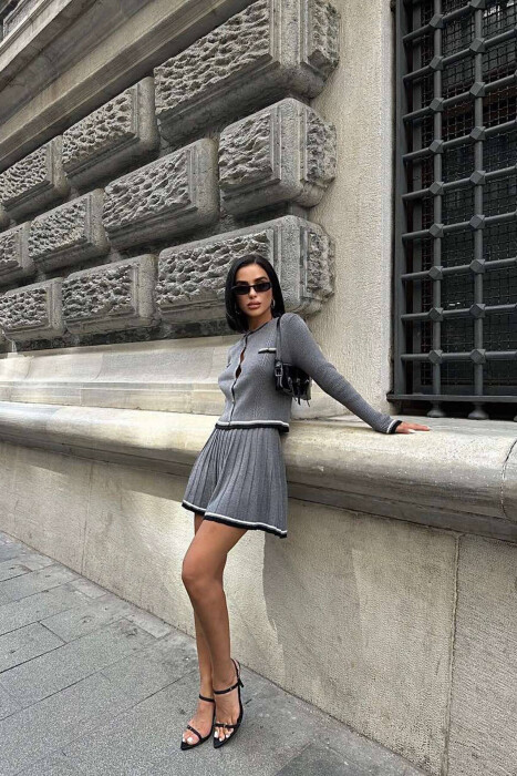 GOLD BUTTONS CARDIGAN+SKIRT WOMEN SET GREY/GRI - 2