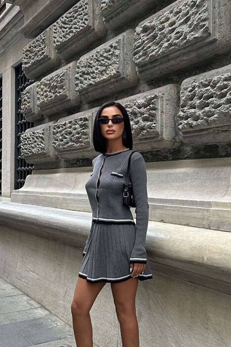 GOLD BUTTONS CARDIGAN+SKIRT WOMEN SET GREY/GRI - 3