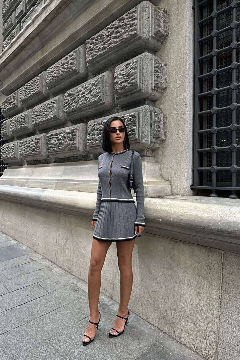 GOLD BUTTONS CARDIGAN+SKIRT WOMEN SET GREY/GRI - 4