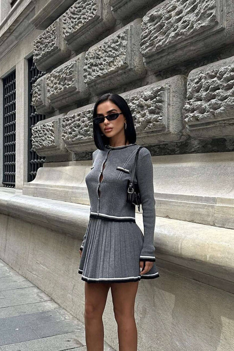 GOLD BUTTONS CARDIGAN+SKIRT WOMEN SET GREY/GRI - 5