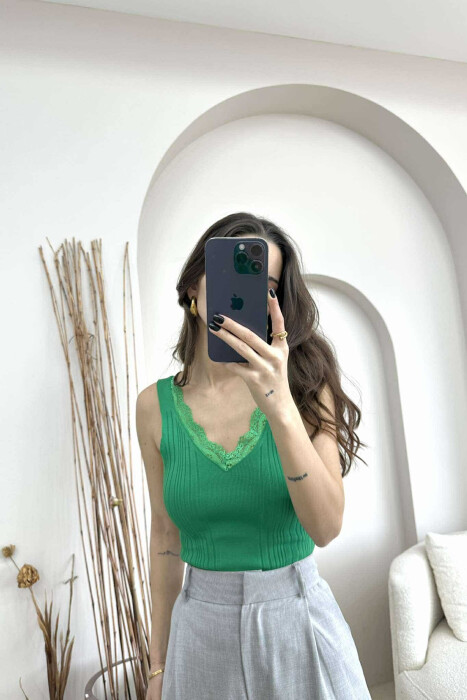 LACE DETAIL ONE COLOR WOMEN TANK TOP GREEN/JESHILE - KLAUDIO FASHION
