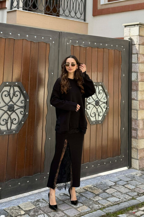 LACE DETAIL SWEATSHIRT + SKIRT WOMAN SET BLACK/ E ZEZE - 1