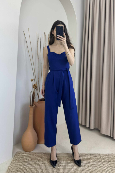 LACING BELT DETAIL ONE COLOR WOMEN JUMPSUIT DARK BLUE/BEE - 5