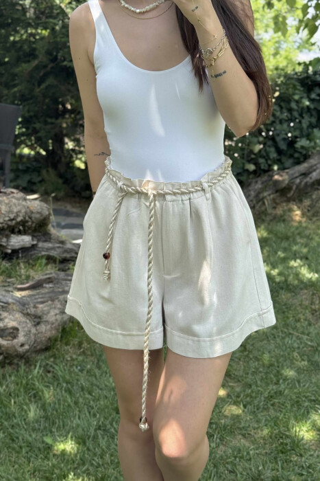 LACING BELT ONE COLOR WOMEN SHORTS CREAM/KREM - 2