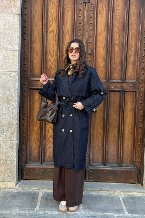 LACING DETAIL BUTTONED DENIM WOMAN JACKET BLUE/BLU - KLAUDIO FASHION