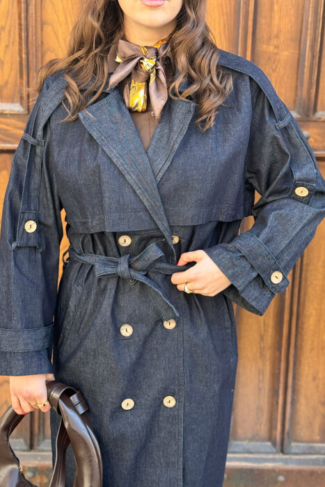 LACING DETAIL BUTTONED DENIM WOMAN JACKET BLUE/BLU - 7