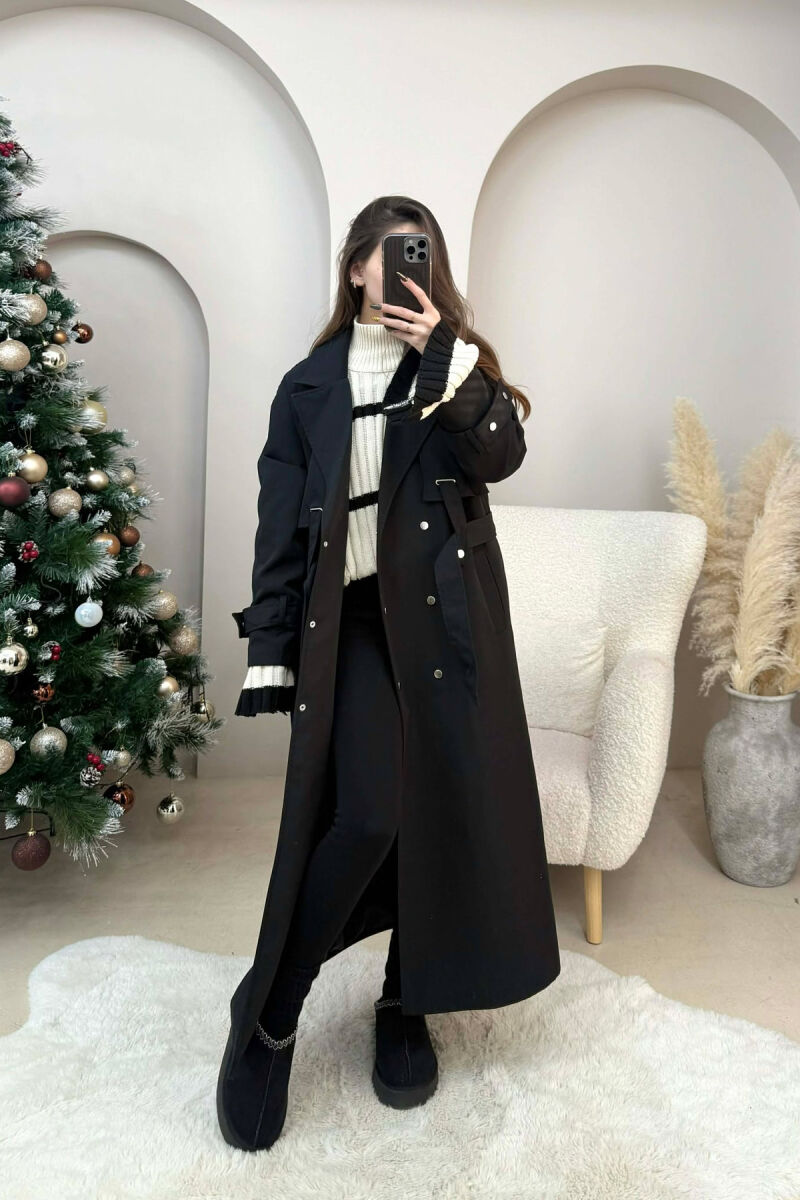 LACING DETAIL BUTTONED LONG WOMEN JACKET BLACK/ E ZEZE - 2