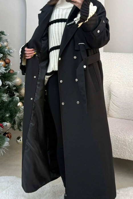 LACING DETAIL BUTTONED LONG WOMEN JACKET BLACK/ E ZEZE - 3