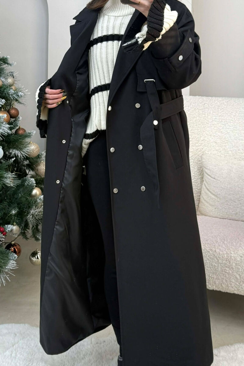 LACING DETAIL BUTTONED LONG WOMEN JACKET BLACK/ E ZEZE - 3