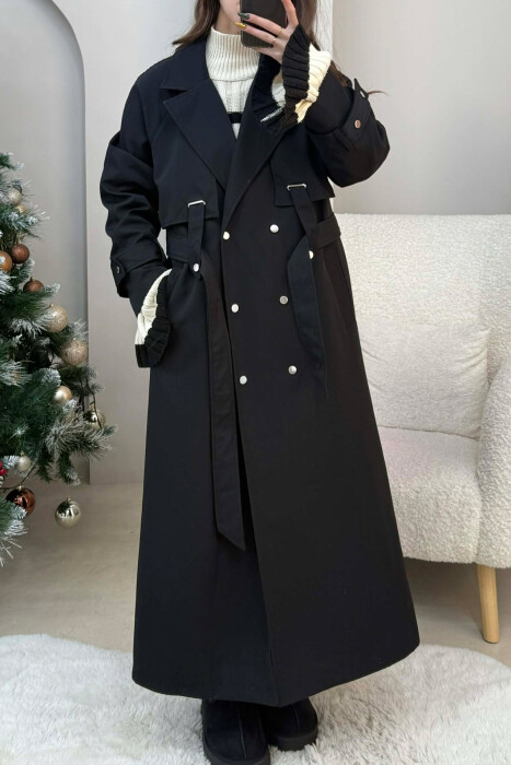 LACING DETAIL BUTTONED LONG WOMEN JACKET BLACK/ E ZEZE - 1