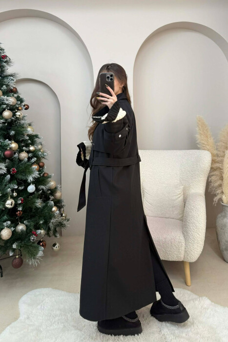 LACING DETAIL BUTTONED LONG WOMEN JACKET BLACK/ E ZEZE - 4