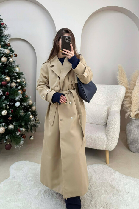 LACING DETAIL BUTTONED LONG WOMEN JACKET DARK BEIGE/BEZHE ERRET 