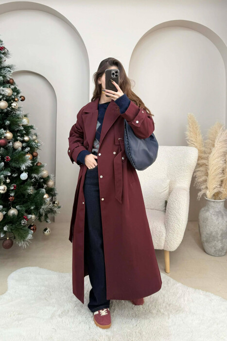 LACING DETAIL BUTTONED LONG WOMEN JACKET DARK BURGUNDY/VISHNJE E ERRET - 2