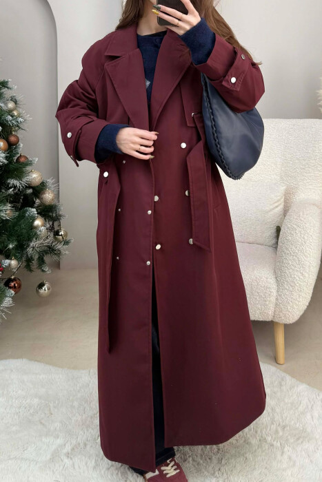 LACING DETAIL BUTTONED LONG WOMEN JACKET DARK BURGUNDY/VISHNJE E ERRET - 4