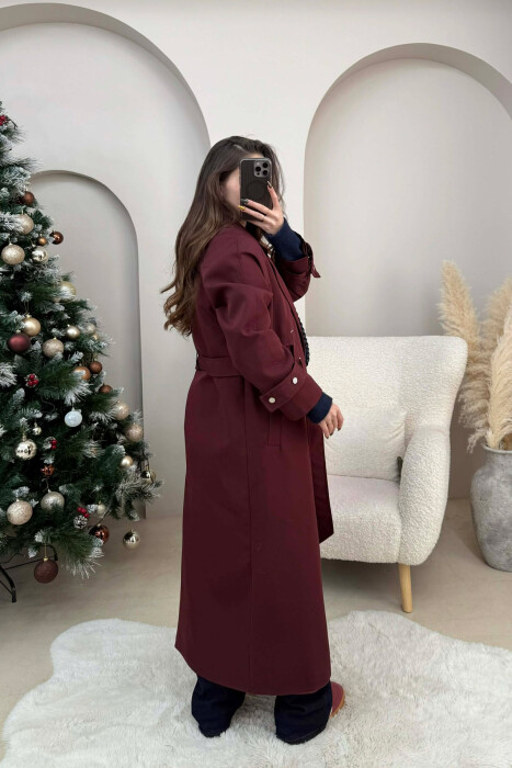 LACING DETAIL BUTTONED LONG WOMEN JACKET DARK BURGUNDY/VISHNJE E ERRET - 5