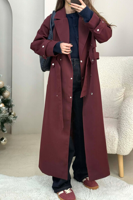 LACING DETAIL BUTTONED LONG WOMEN JACKET DARK BURGUNDY/VISHNJE E ERRET - 1