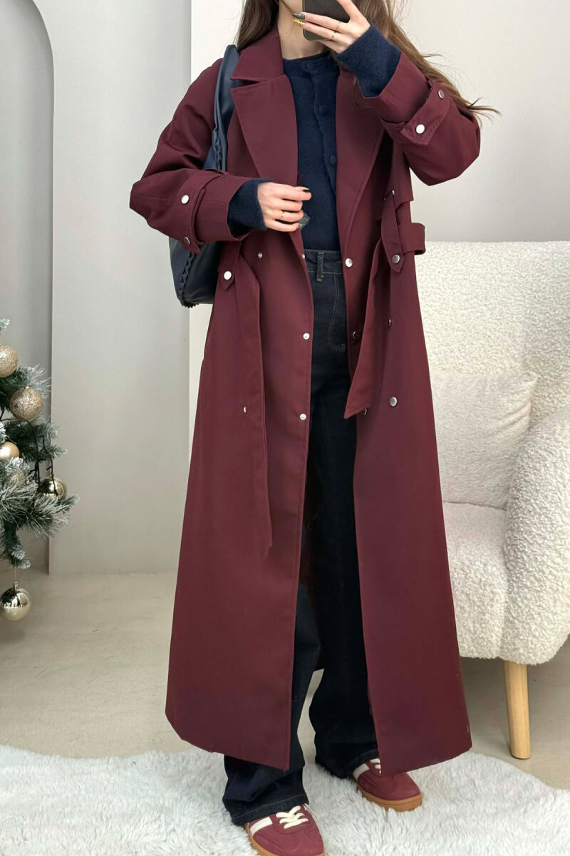 LACING DETAIL BUTTONED LONG WOMEN JACKET DARK BURGUNDY/VISHNJE E ERRET - 1