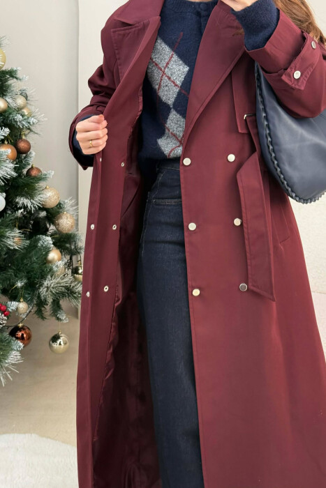 LACING DETAIL BUTTONED LONG WOMEN JACKET DARK BURGUNDY/VISHNJE E ERRET - 3