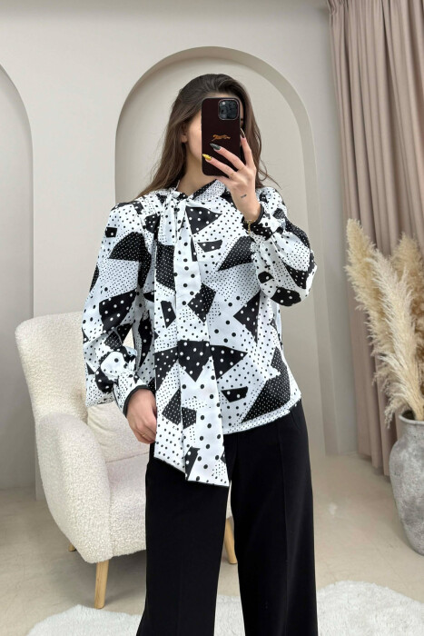 LACING DETAIL DESIGNED WOMEN SHIRT BLACK-WHITE/ZEBA - KLAUDIO FASHION