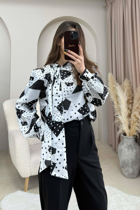 LACING DETAIL DESIGNED WOMEN SHIRT BLACK-WHITE/ZEBA - 3