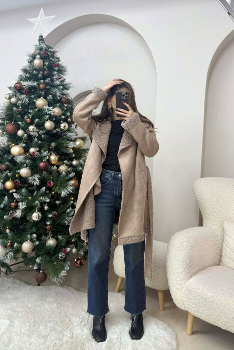 LACING DETAIL FLUFFY WOMEN COAT BEIGE/BEZHE - 2