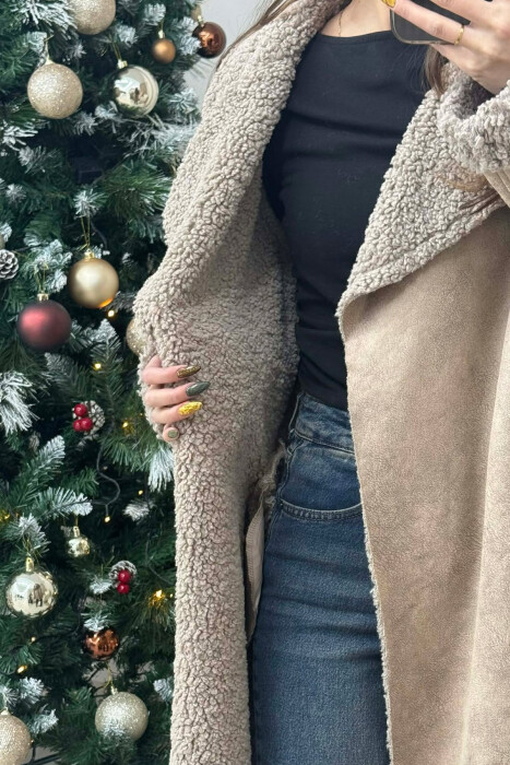 LACING DETAIL FLUFFY WOMEN COAT BEIGE/BEZHE - 5