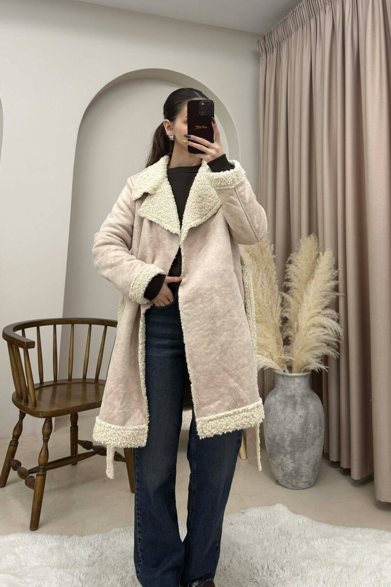 LACING DETAIL FLUFFY WOMEN COAT CREAM/KREM - 1