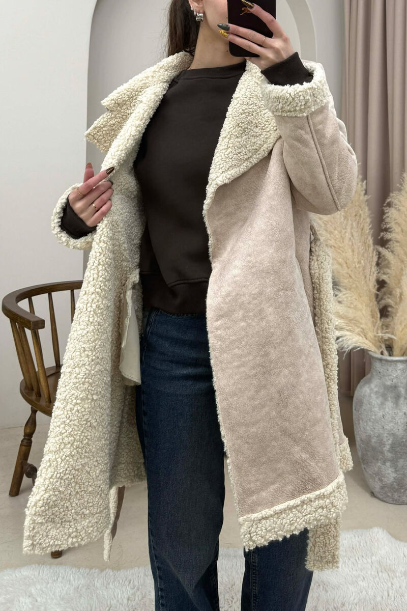 LACING DETAIL FLUFFY WOMEN COAT CREAM/KREM - 2