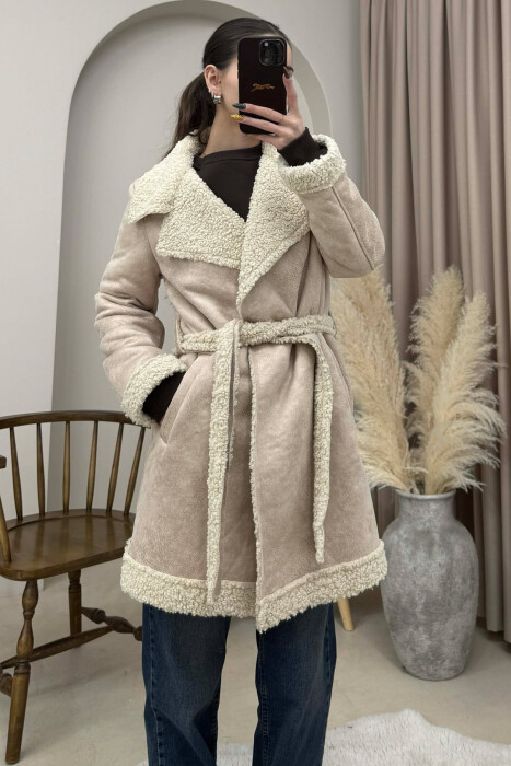 LACING DETAIL FLUFFY WOMEN COAT CREAM/KREM - 3