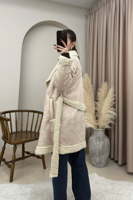 LACING DETAIL FLUFFY WOMEN COAT CREAM/KREM - 4