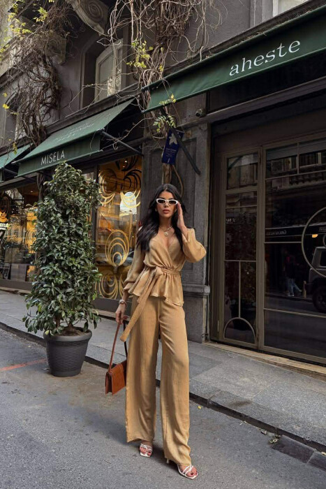 LACING DETAIL SWEATSHIRT+TROUSERS WOMEN SET BEIGE/BEZHE 