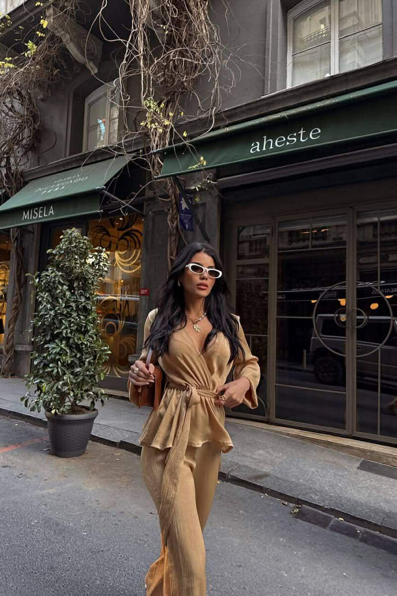 LACING DETAIL SWEATSHIRT+TROUSERS WOMEN SET BEIGE/BEZHE - 3