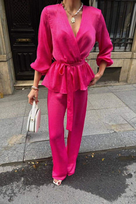 LACING DETAIL SWEATSHIRT+TROUSERS WOMEN SET FUCHSIA/CIKLAMI - 1