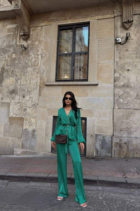 LACING DETAIL SWEATSHIRT+TROUSERS WOMEN SET GREEN/JESHILE 