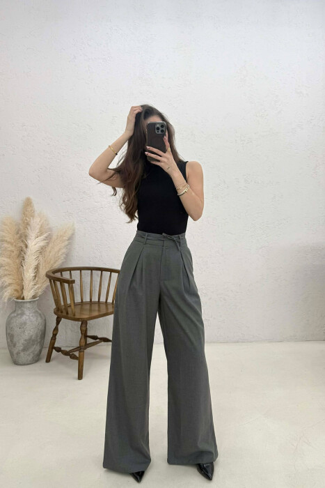 LACING DETAIL WIDE LEG WOMAN TROUSERS DARK GREY/GEE 