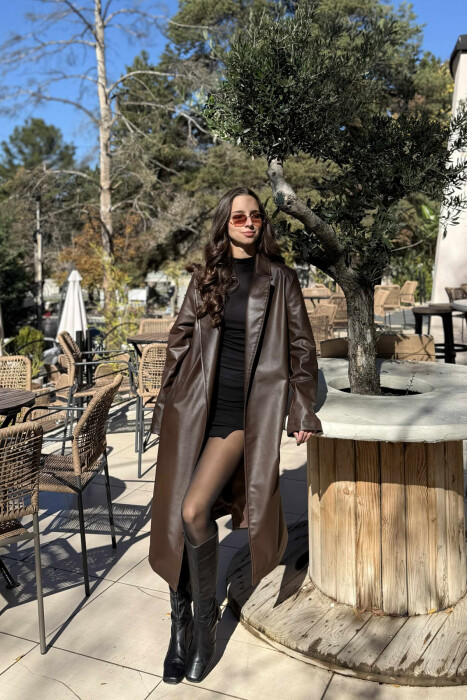 LACING LONG LEATHER WOMEN JACKET BROWN/KAFE 