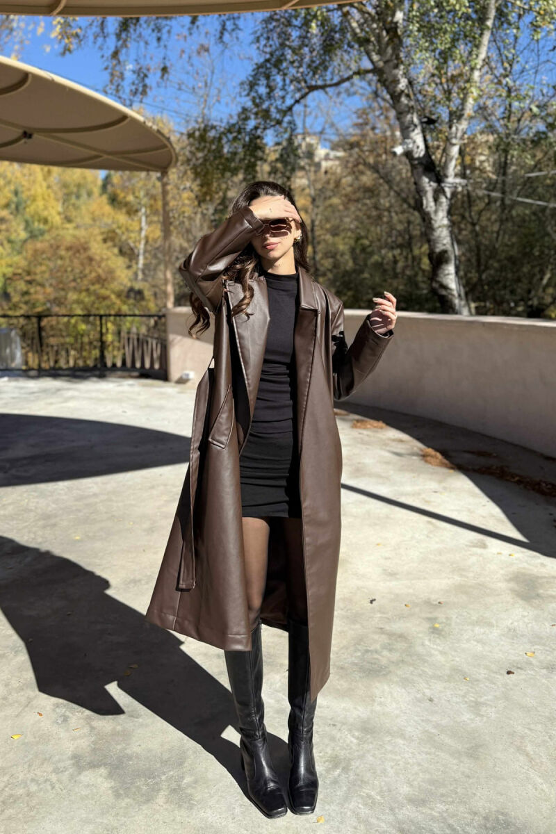 LACING LONG LEATHER WOMEN JACKET BROWN/KAFE - 2