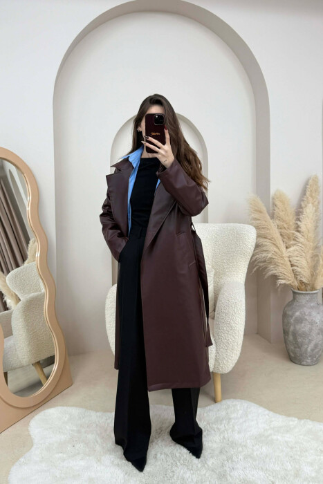 LACING LONG LEATHER WOMEN JACKET BURGUNDY/VISHNJE 