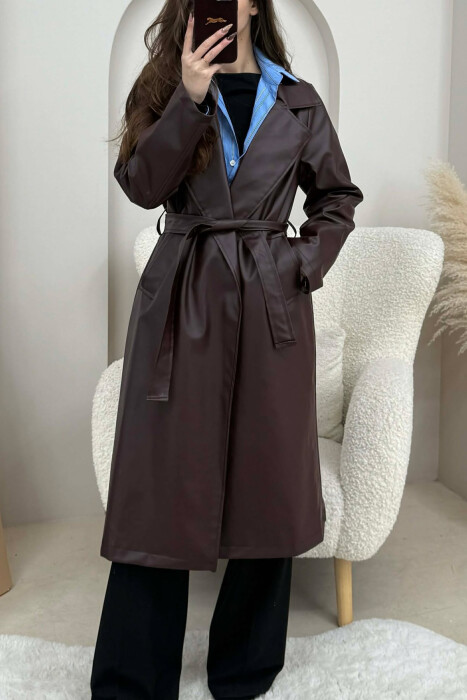 LACING LONG LEATHER WOMEN JACKET BURGUNDY/VISHNJE - 3