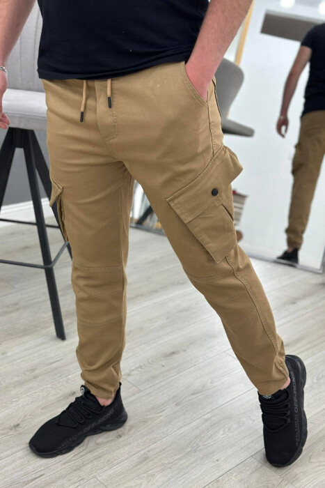 LACING POCKET ONE COLOR MEN CARGO PANTS BROWN/KAFE - KLAUDIO FASHION