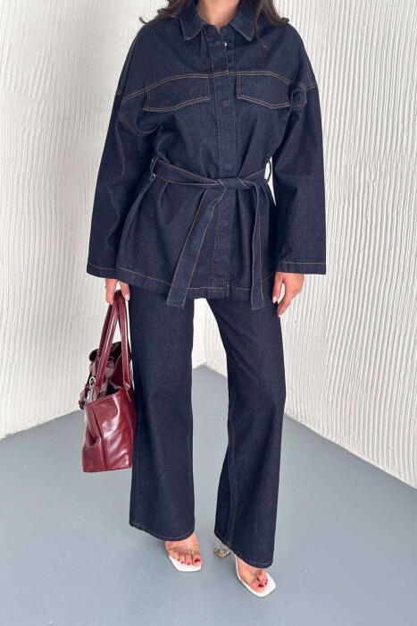 LACING SHIRT+JEANS DENIM WOMEN SET DARK BLUE/BEE - 2