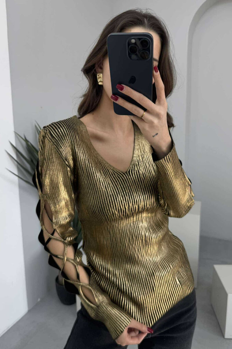 LACING SLEEVES DETAIL V NECK WOMEN SWEATER GOLDEN ROD/GOLD - 2