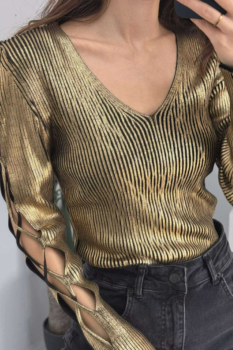 LACING SLEEVES DETAIL V NECK WOMEN SWEATER GOLDEN ROD/GOLD - 3