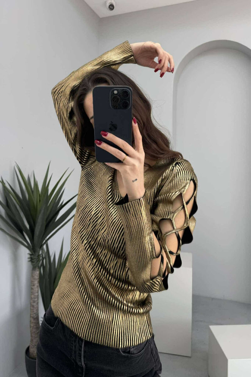 LACING SLEEVES DETAIL V NECK WOMEN SWEATER GOLDEN ROD/GOLD - 5