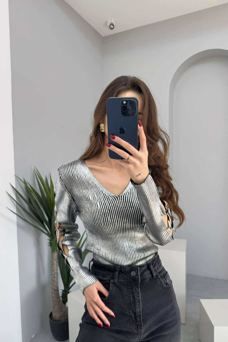 LACING SLEEVES DETAIL V NECK WOMEN SWEATER SILVER/ARGJEND - 2
