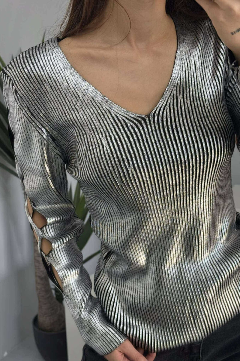 LACING SLEEVES DETAIL V NECK WOMEN SWEATER SILVER/ARGJEND - 5