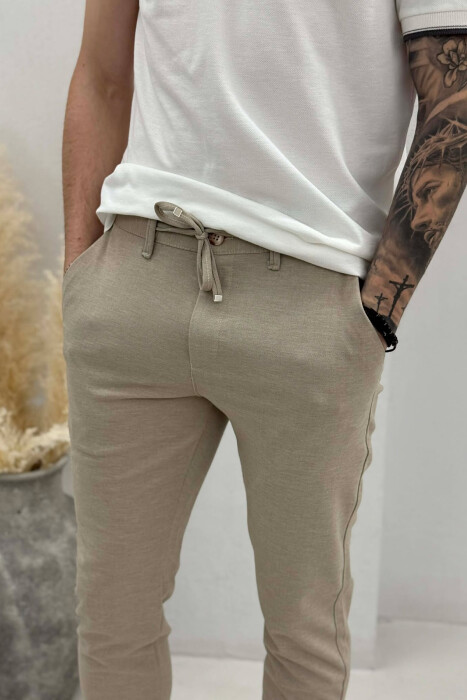 LACING WAIST SIMPLE MEN PANTS BEIGE/BEZHE - 2