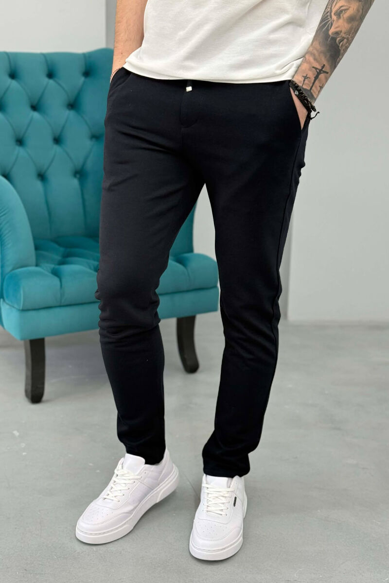 LACING WAIST SIMPLE MEN PANTS DARK BLUE/BEE - 1