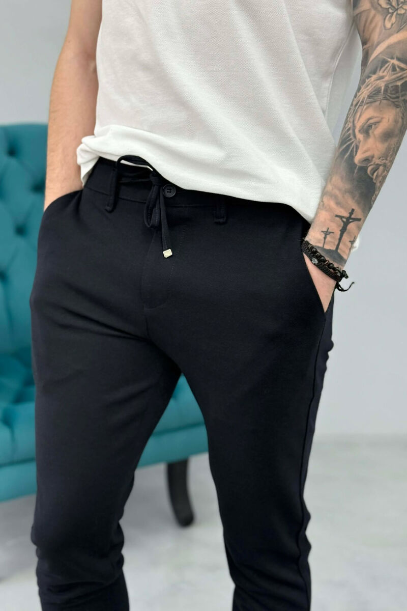 LACING WAIST SIMPLE MEN PANTS DARK BLUE/BEE - 4